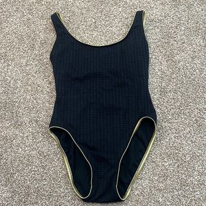 Anne Klein black & gold trim one piece swimsuit size 12 Black textured material